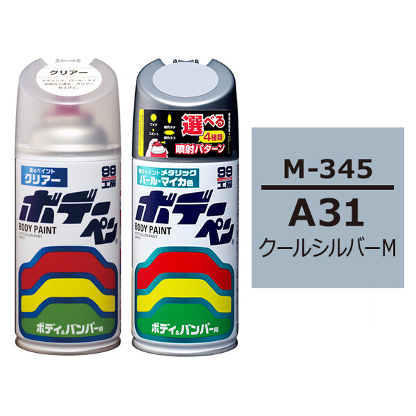 ソフト99 ボデーペン（スプレー塗料） 【M-345】 MITSUBISHI（ミツビシ）・A31・クールシルバーM とクリアーのセット