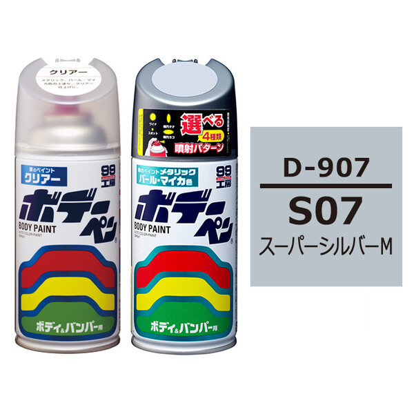 ソフト99 ボデーペン（スプレー塗料） 【D-907】 DAIHATSU（ダイハツ）・S07・スーパーシルバーM とクリアーのセット